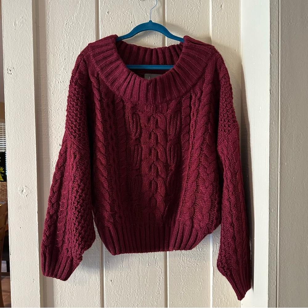NEW ANTHROPOLOGIE THICK BOATNECK CABLE KNIT MAROON SWEATER WOW!! L